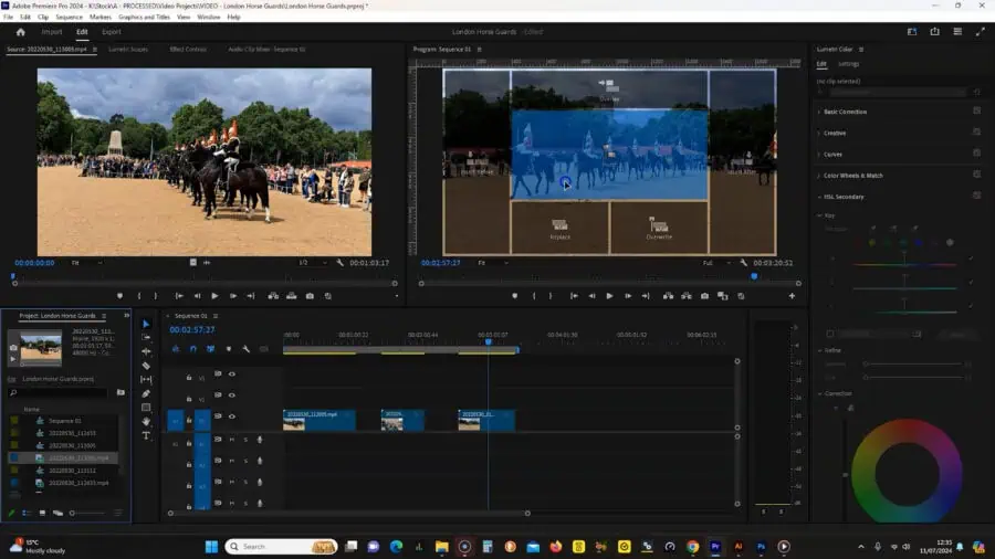 Adobe Premiere Pro interface for an editing project from Queen Elizabeth II Platinum Jubilee rehearsal at Horse Guards Parade