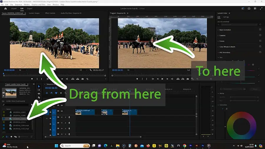 Adobe Premiere Pro interface for an editing project showing from where you can drag clips to the program monitor 